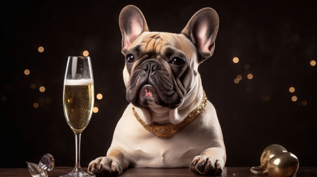 French bulldog with a glass of champagne on a dark background.の素材