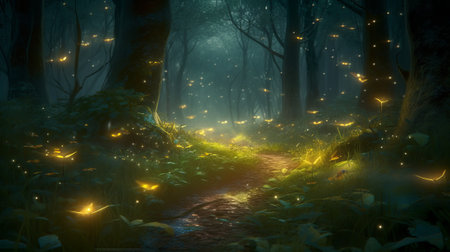 Mystical forest with fog and light at night. 3D renderingの素材