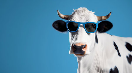 Funny cow wearing sunglasses and looking at camera on blue background.の素材