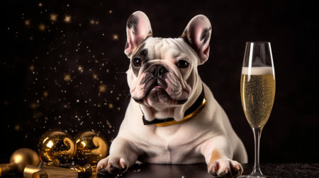 French bulldog with a glass of champagne on a black background with Christmas decorationsの素材