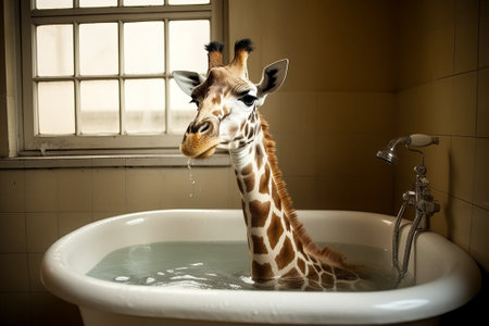 Giraffe taking a bath in the bathtub in the bathroomの素材