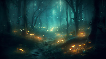 Fantasy forest with fog and mushrooms. 3D illustration. Halloween conceptの素材