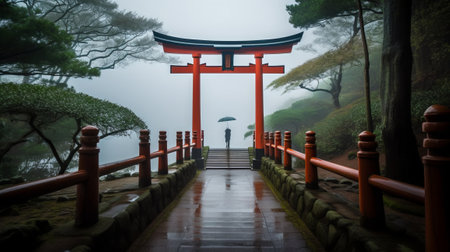Red torii gate in japanese temple with foggy backgroundの素材