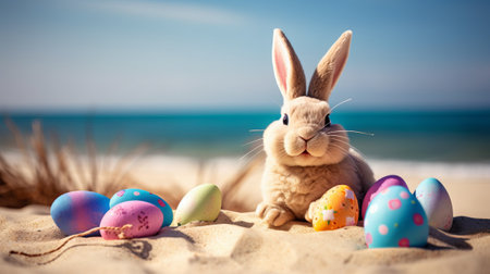 Easter bunny with colorful eggs on sandy beach. Selective focus.の素材