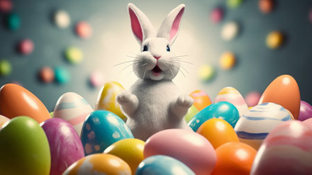 Easter bunny with colorful eggs background. Happy easter concept.の素材