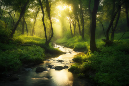 Sunrise in the forest with a small river flowing through it.の素材