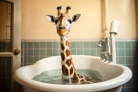Giraffe in a bathtub in the bathroom. Toned.の素材