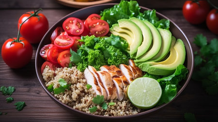 Buddha bowl with quinoa, avocado, tomatoes and chickenの素材