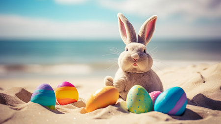 Easter bunny with colorful eggs on the beach. Selective focus.の素材