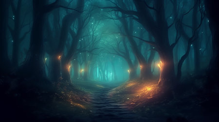 Fantasy dark forest with fog and neon lights. 3d renderingの素材