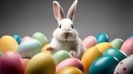 Cute Easter bunny and colorful eggs on grey background. Studio shot.の素材