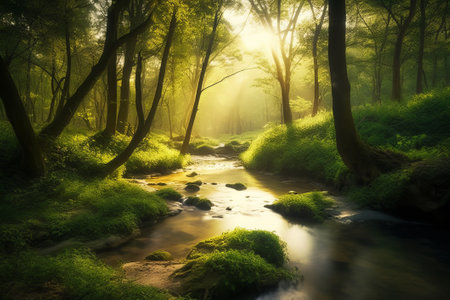 Beautiful forest river in the morning light. Beautiful nature background.の素材