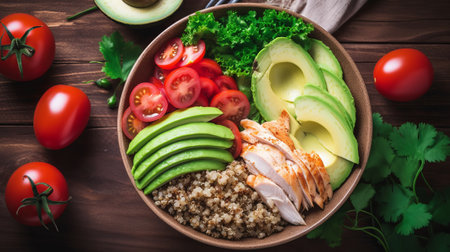 Buddha bowl with quinoa, avocado, chicken and tomatoes on wooden backgroundの素材
