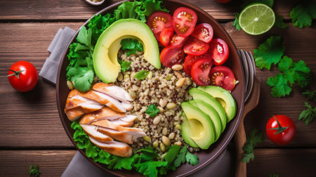 Buddha bowl with quinoa, avocado and chicken on wooden backgroundの素材