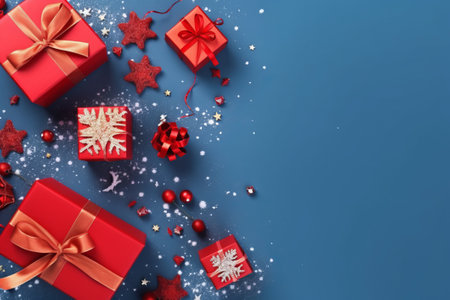 Christmas background with red gift boxesrations and snowflakes on blueの素材