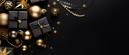 Christmas composition. Black gift boxes, golden decorations on black background. Christmas, winter, new year concept. Flat lay, top view, copy spaceの素材