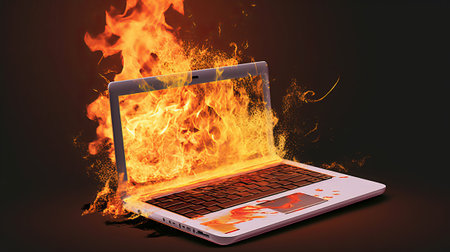 Laptop in fire and flames on a dark background. 3d renderingの素材