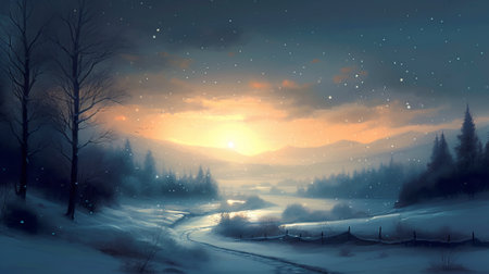 Winter landscape with trees and fog at sunset. 3D illustration.の素材