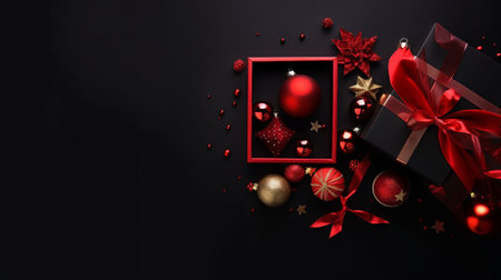 Christmas gift box with red ribbon and baubles on black backgroundの素材