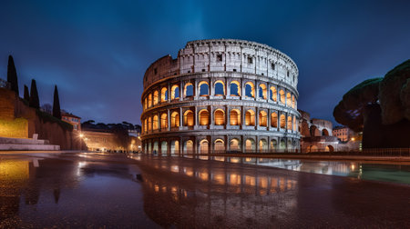 Colosseum in Rome, Italy at night with reflection in waterの素材