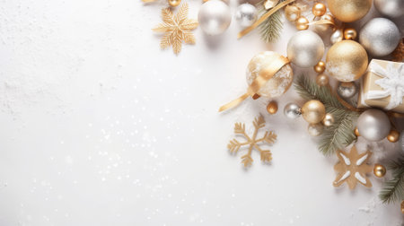 Christmas background. Festive decoration on white wooden background. New Year concept. Copy space.の素材