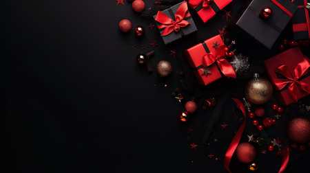 Christmas background with red and black gift boxes and baubles on black backgroundの素材