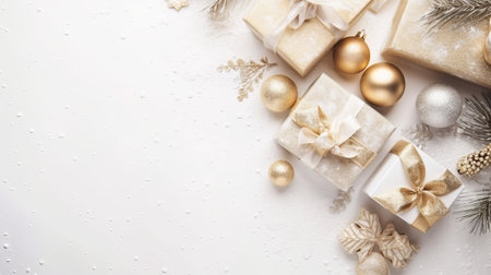 Christmas composition. Gifts, christmas decorations on white background. Flat lay, top view, copy spaceの素材