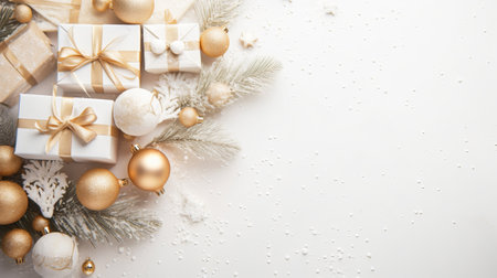 Christmas background. Festive decoration on white wooden background. New Year concept. Flat lay, top view, copy space.の素材