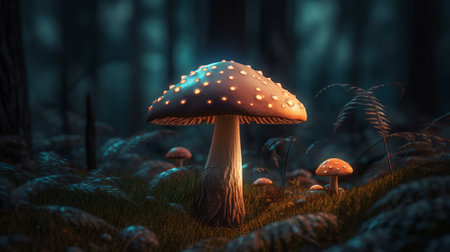 Fly agaric in the forest. 3d render illustration.の素材