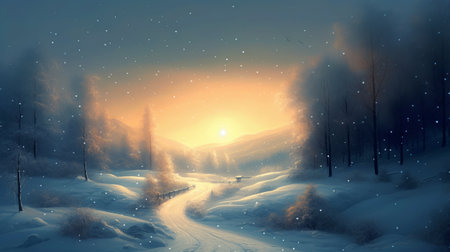 Winter landscape with snowy road in the forest. 3D illustration.の素材