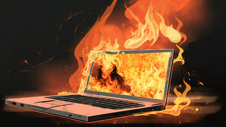 Burning laptop on black background. Fire concept. 3D Renderingの素材