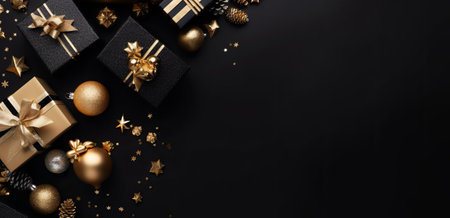Black christmas background with gift boxes and golden christmas balls. Top view with copy space.の素材