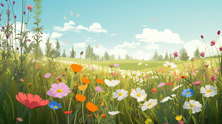 Spring meadow with colorful flowers. Vector illustration in retro style.の素材