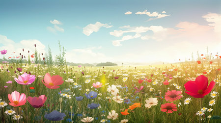 Summer meadow with poppies and daisies. Nature backgroundの素材