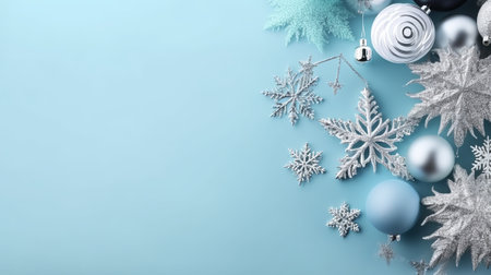 Christmas background with snowflakes and baubles on blue backgroundの素材