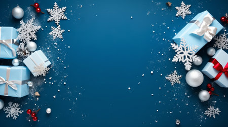 Christmas background with blue gift boxes, white snowflakes and christmas balls on blue backgroundの素材