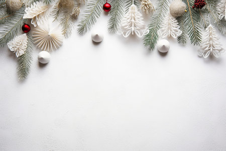 Christmas background with fir branches and decorations on white. Top view with copy spaceの素材
