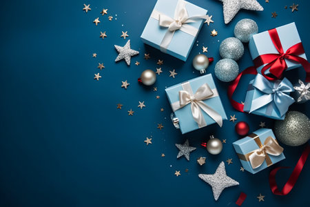 Blue christmas background with gift boxes and christmas ornamentsの素材