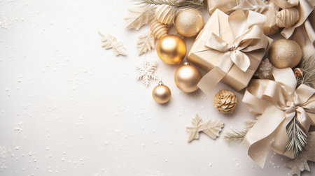Christmas background. Festive decoration on white wooden background. New Year concept. Copy space.の素材