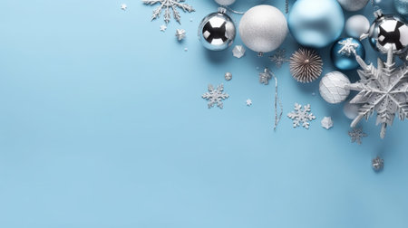 Christmas and New Year background with blue and silver decorations and snowflakesの素材