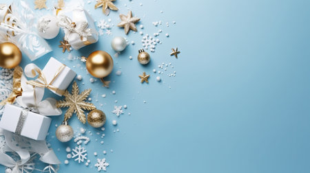 Christmas and New Year background. White gift box with golden decorations on blue background.の素材