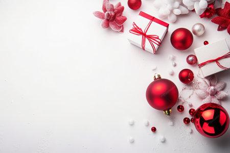 Christmas background with decorations and gift boxes on white background. Top view with copy spaceの素材