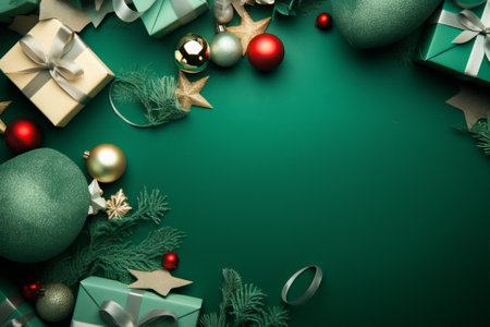 Christmas background with decorations and gift boxes on green background. Top view.の素材