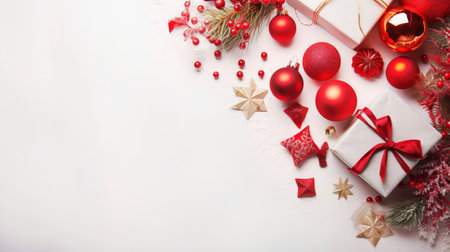 Christmas composition. Gifts, christmas decorations on white background. Flat lay, top view, copy spaceの素材