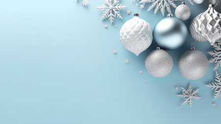 Christmas background with silver and blue baubles and snowflakes on light blue backgroundの素材