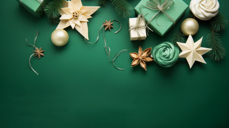 Christmas or New Year background with decorations and gift boxes on green backgroundの素材