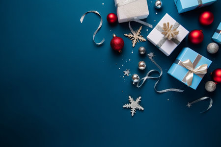 Christmas composition. Gifts, Christmas decorations on blue background. Flat lay, top view, copy space.の素材