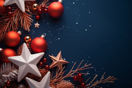 Christmas decoration on dark blue background. Top view with copy space.の素材