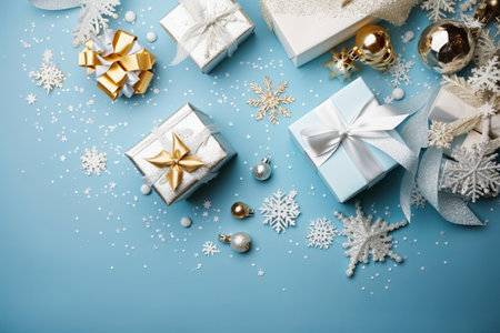 Christmas or New Year composition. Gifts, snowflakes on blue background. Flat lay, top view, copy spaceの素材