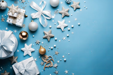 Christmas composition. Giftsrations on blue background. Flat lay, top view, copy spaceの素材